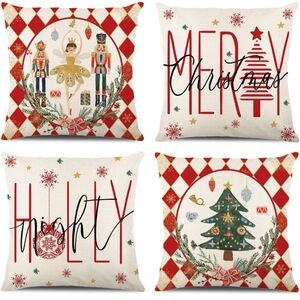 Merry Christmas Joy Xmas Trees Red Throw Pillow Covers, 18 x 18 Inch Christmas W